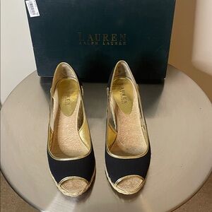 Lauren Ralph Lauren Black and Gold Espadrille Peep-Toe Wedges